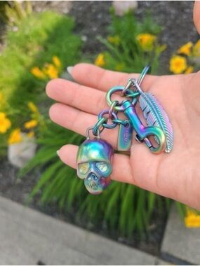 Rare COACH Skull Feather Bag Charm Oil Slick